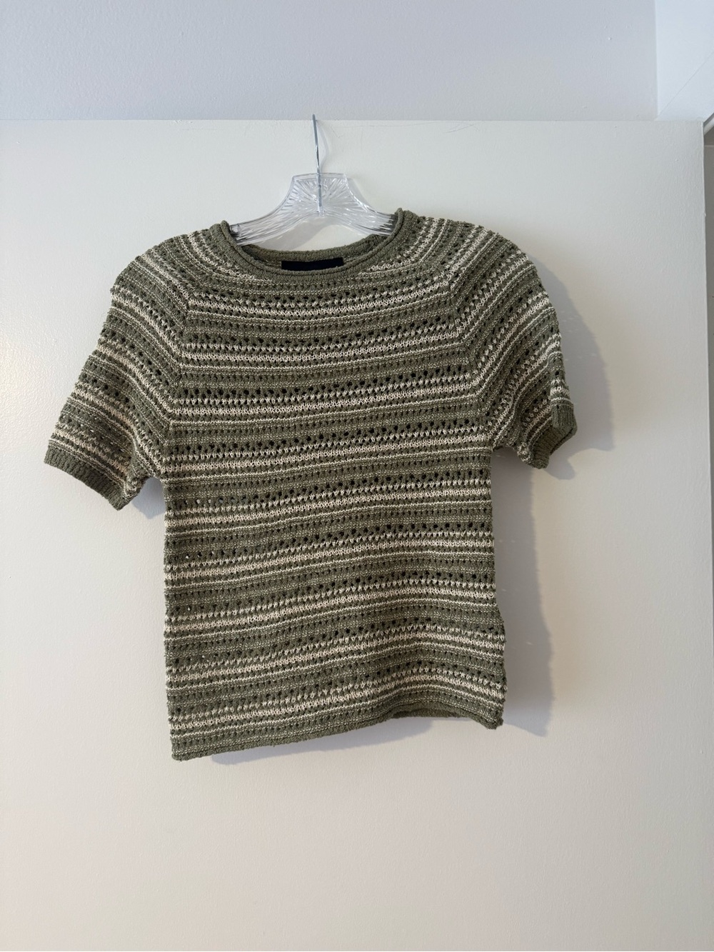 Zara Olive Green Open Knit Short Sleeve Top Size Small NWOT